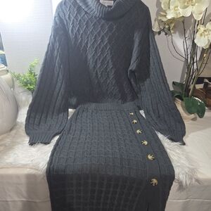 ALLY MAE Charcoal Cable Knit Turtleneck Sweater & Skirt Set. Size S